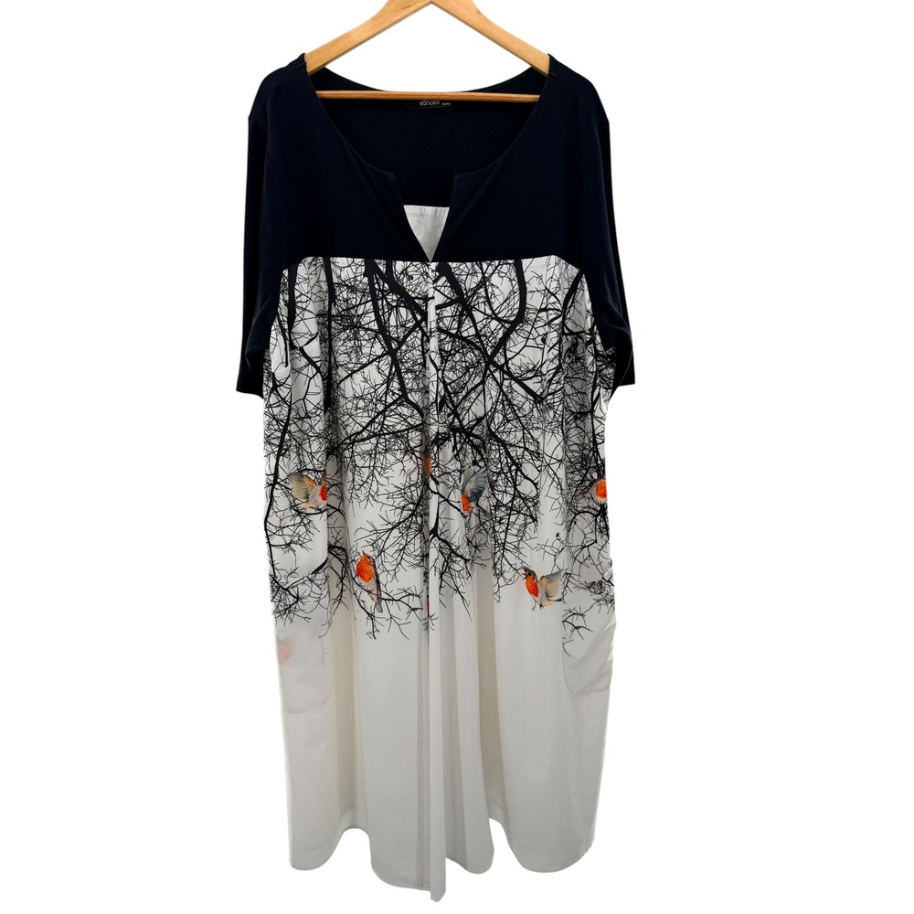 eShakti Women 4X 28W Black White Bird Tree Print Midi Dress Pockets Short Sleeve